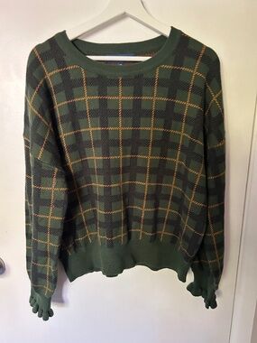 Princess Highway - UK 16 - Hunter Green Plaid, Ruffle Sleeve Cuffs Sweater